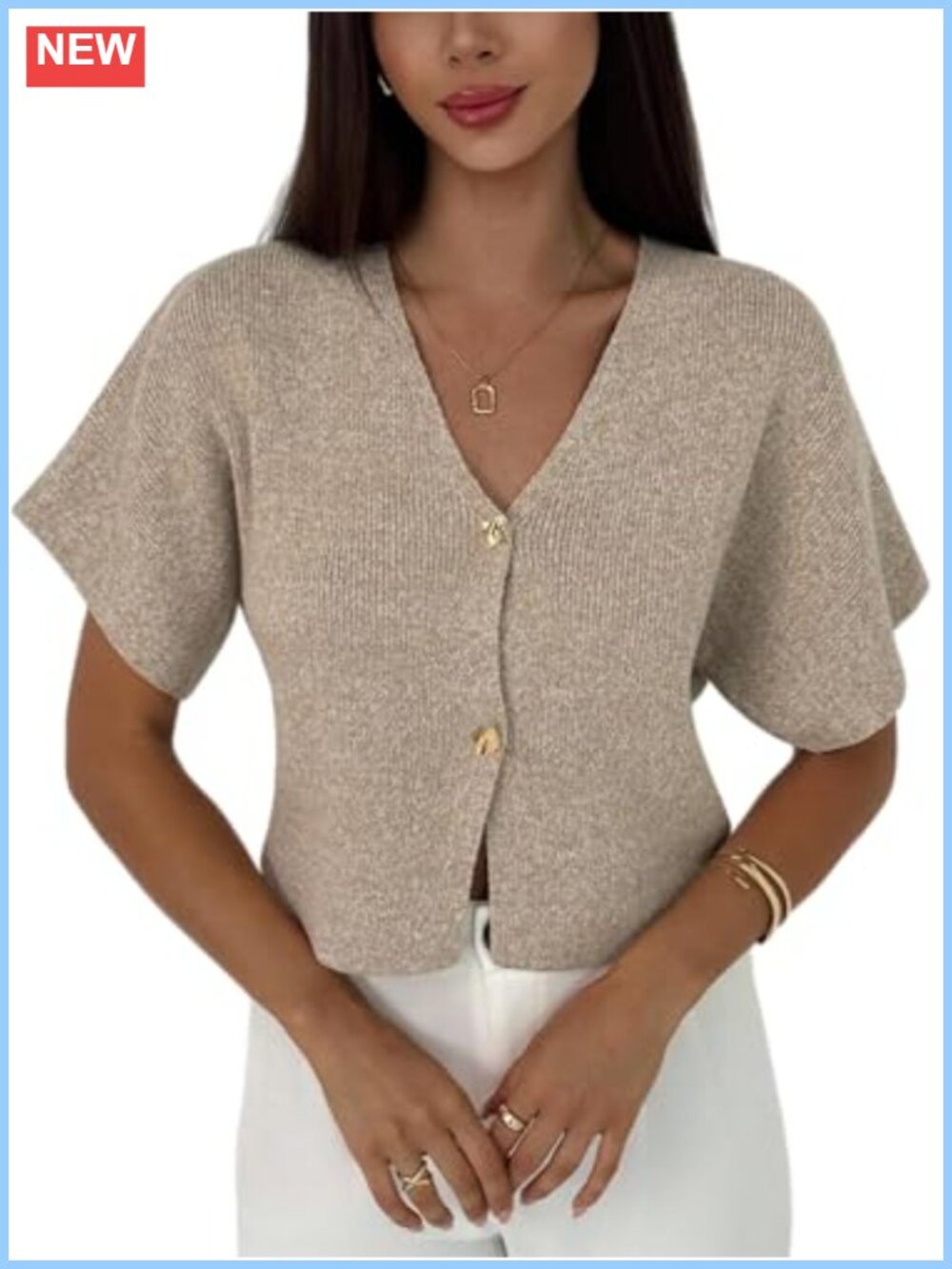 Cropped Short Sleeve Cardigan Lightweight Knit V-Neck Button Summer